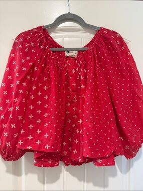 Kopal Red Floral Polka Dot Balloon Sleeve Peasant Top